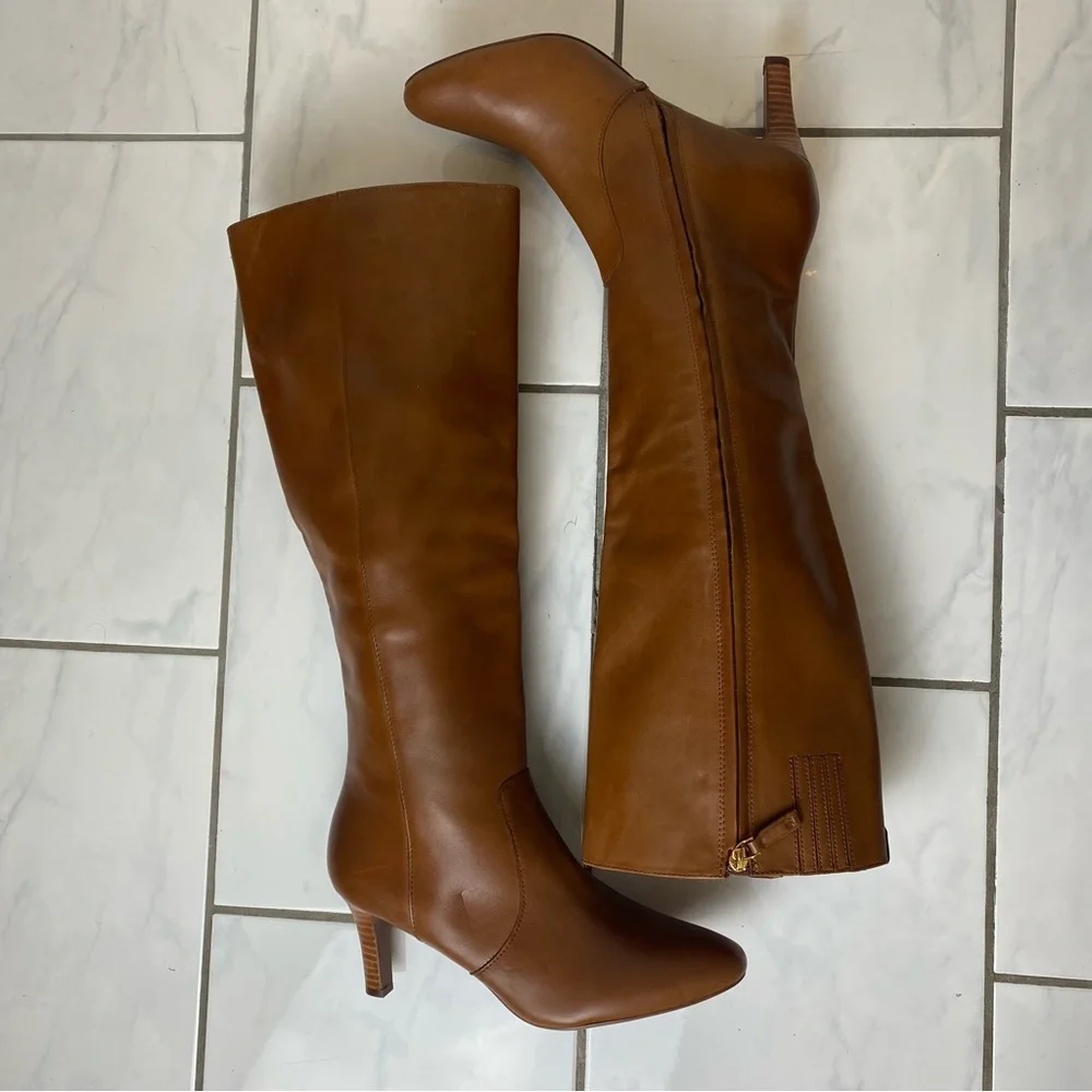 Ralph Lauren caelynn tall knee high caramel leather boots short heel 9.5 NEW - Picture 11 of 13